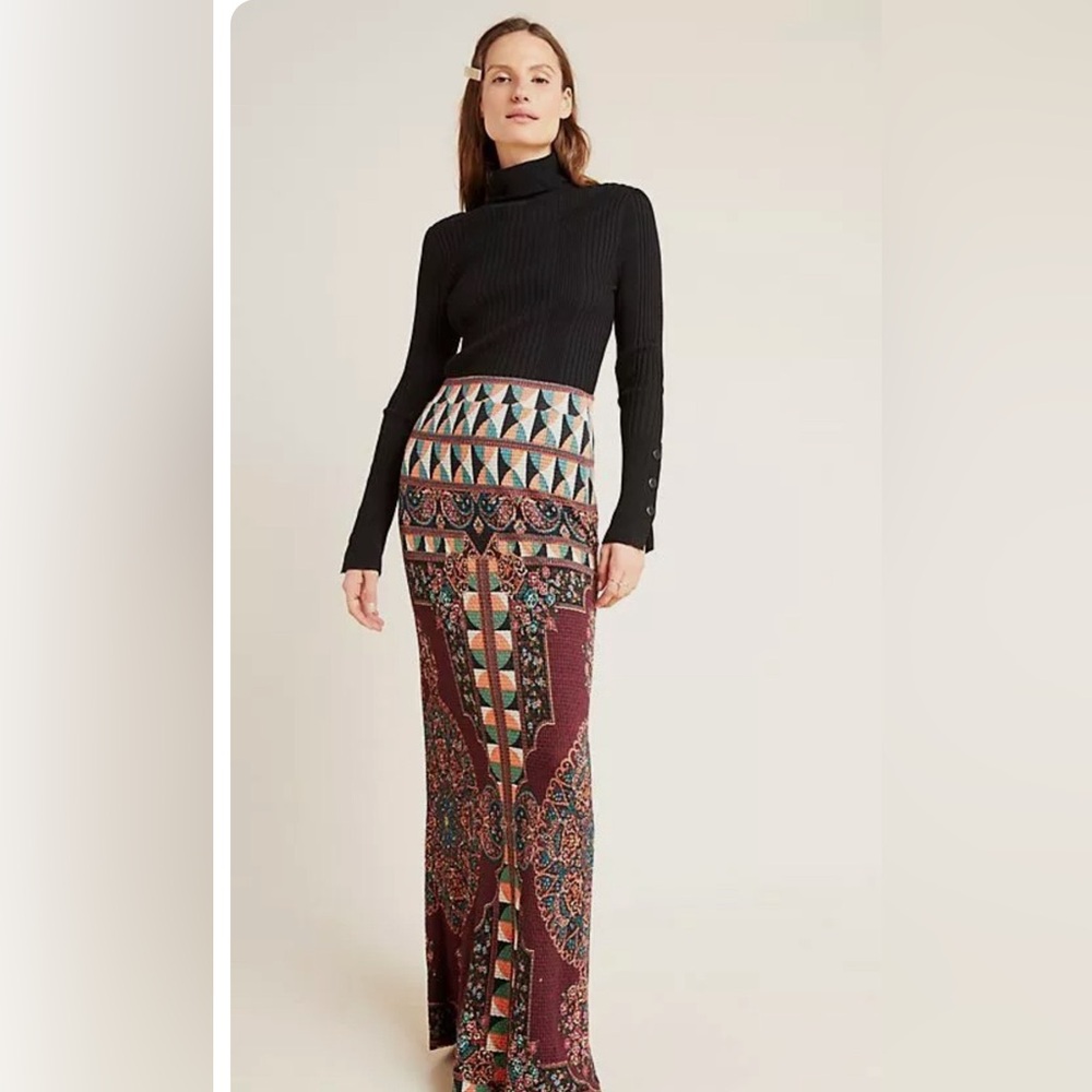 FARM Rio Anthropologie Mixed Print Maxi Skirt in Wine color XS